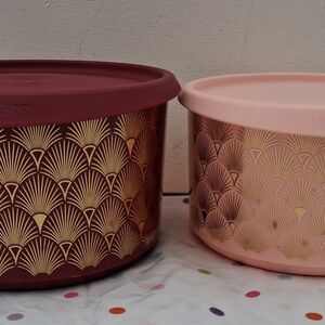 Tupperware Burgundy and Pink Patterned Bins